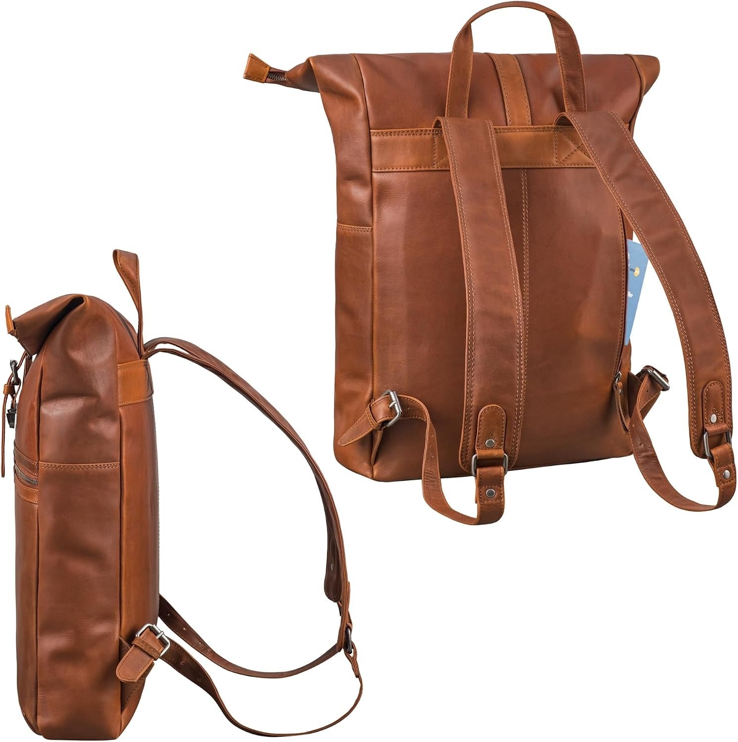 Zaino Rolltop in Vera Pelle Uomo Donna Vintage per Laptop 17"