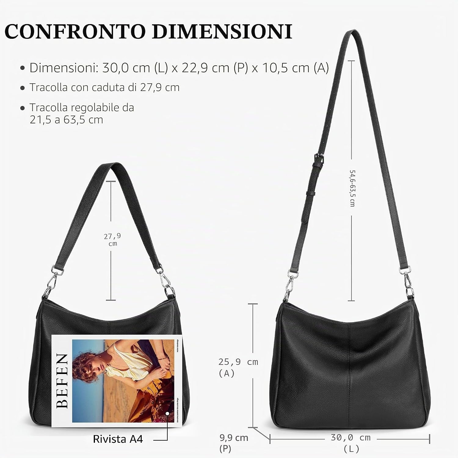 Borsa a Tracolla Donna in Vera Pelle Hobo Grande con 2 Cinghie