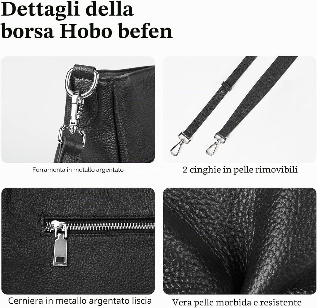 Borsa a Tracolla Donna in Vera Pelle Hobo Grande con 2 Cinghie