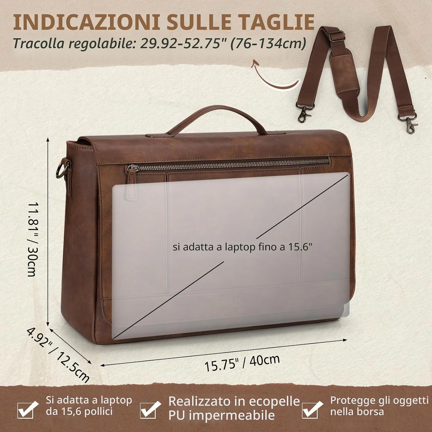 Borsa Messenger Uomo in Pelle PU 15.6" Impermeabile Vintage