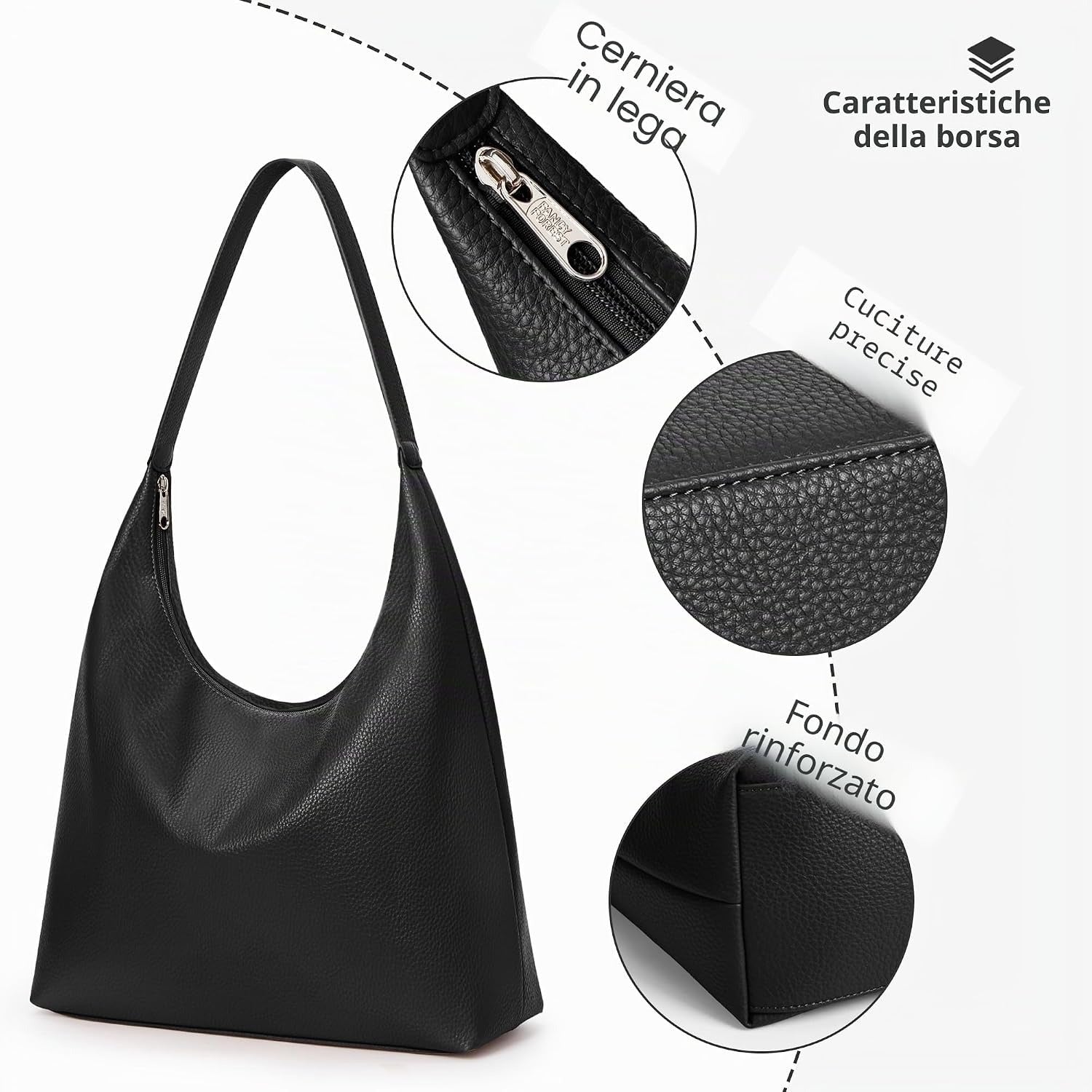 Borsa Tote Donna in Pelle Vegana Hobo Grande Capacità con Cerniera