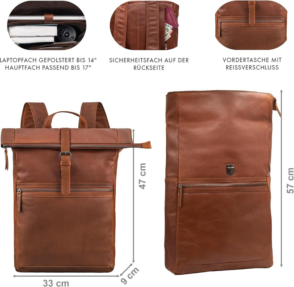 Zaino Rolltop in Vera Pelle Uomo Donna Vintage per Laptop 17"