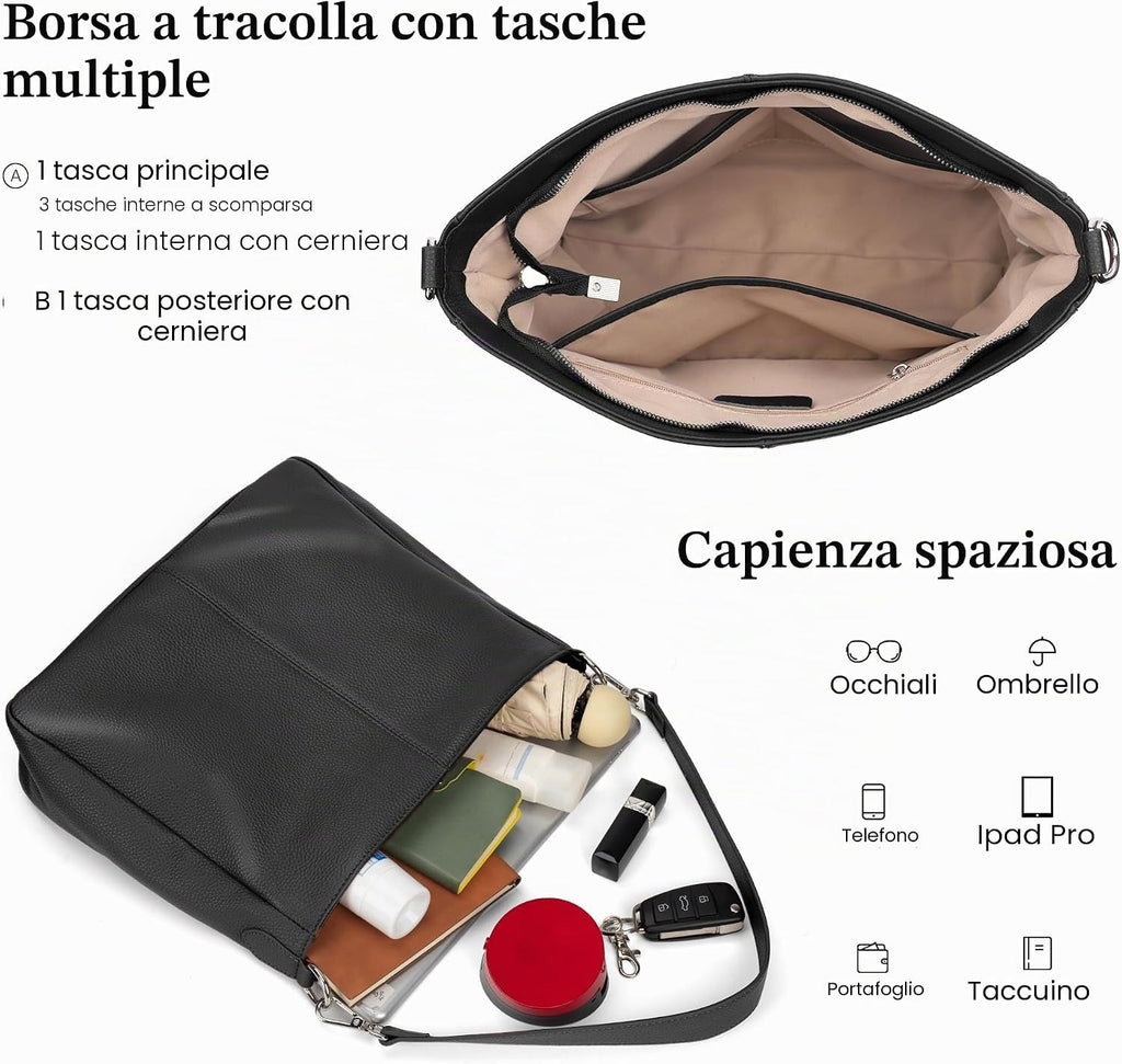 Borsa a Tracolla Donna in Vera Pelle Hobo Grande con 2 Cinghie